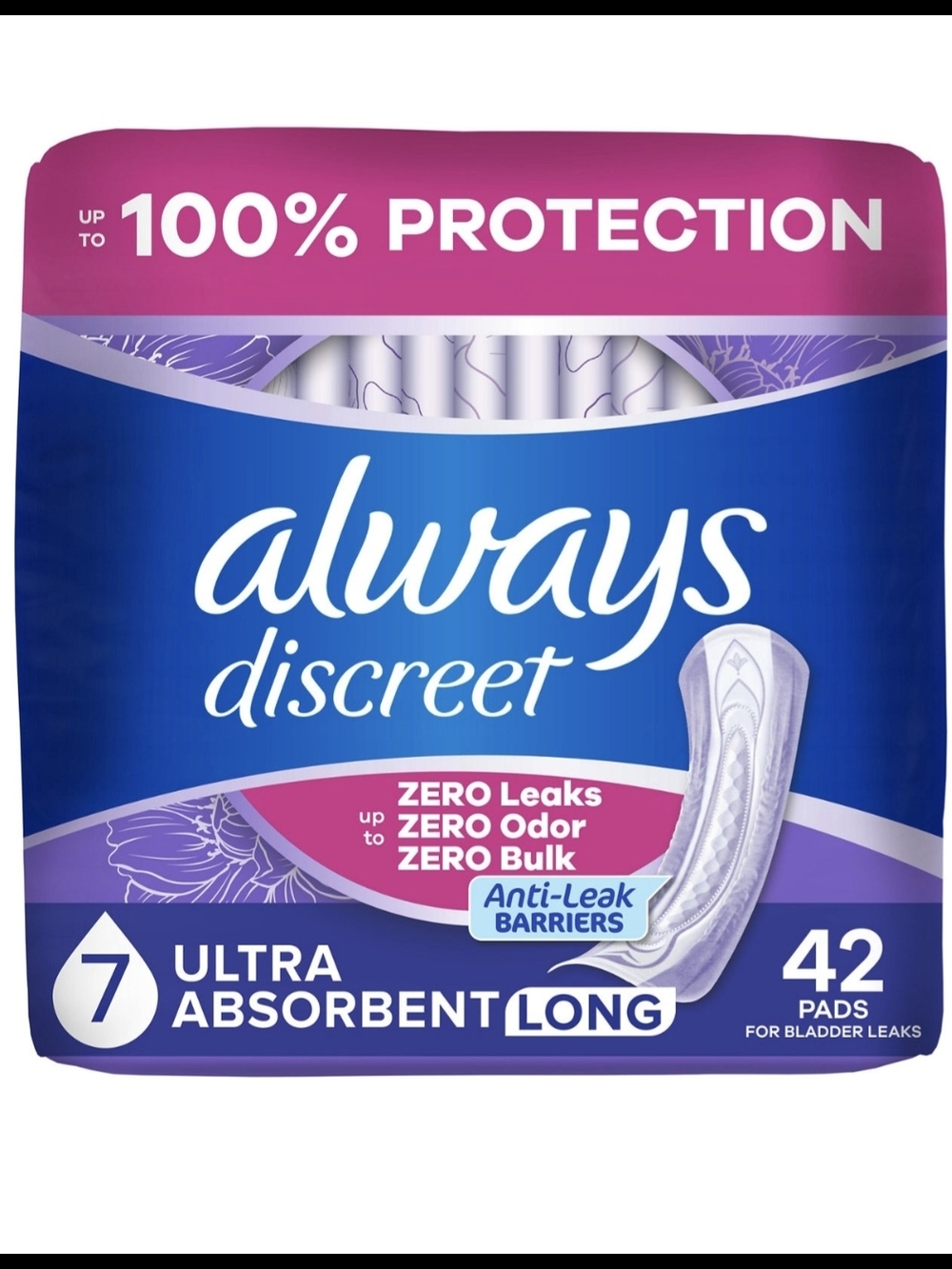 Always Discreet Adult Incontinence Pads Ultra Absorbency, Long Length 42ct